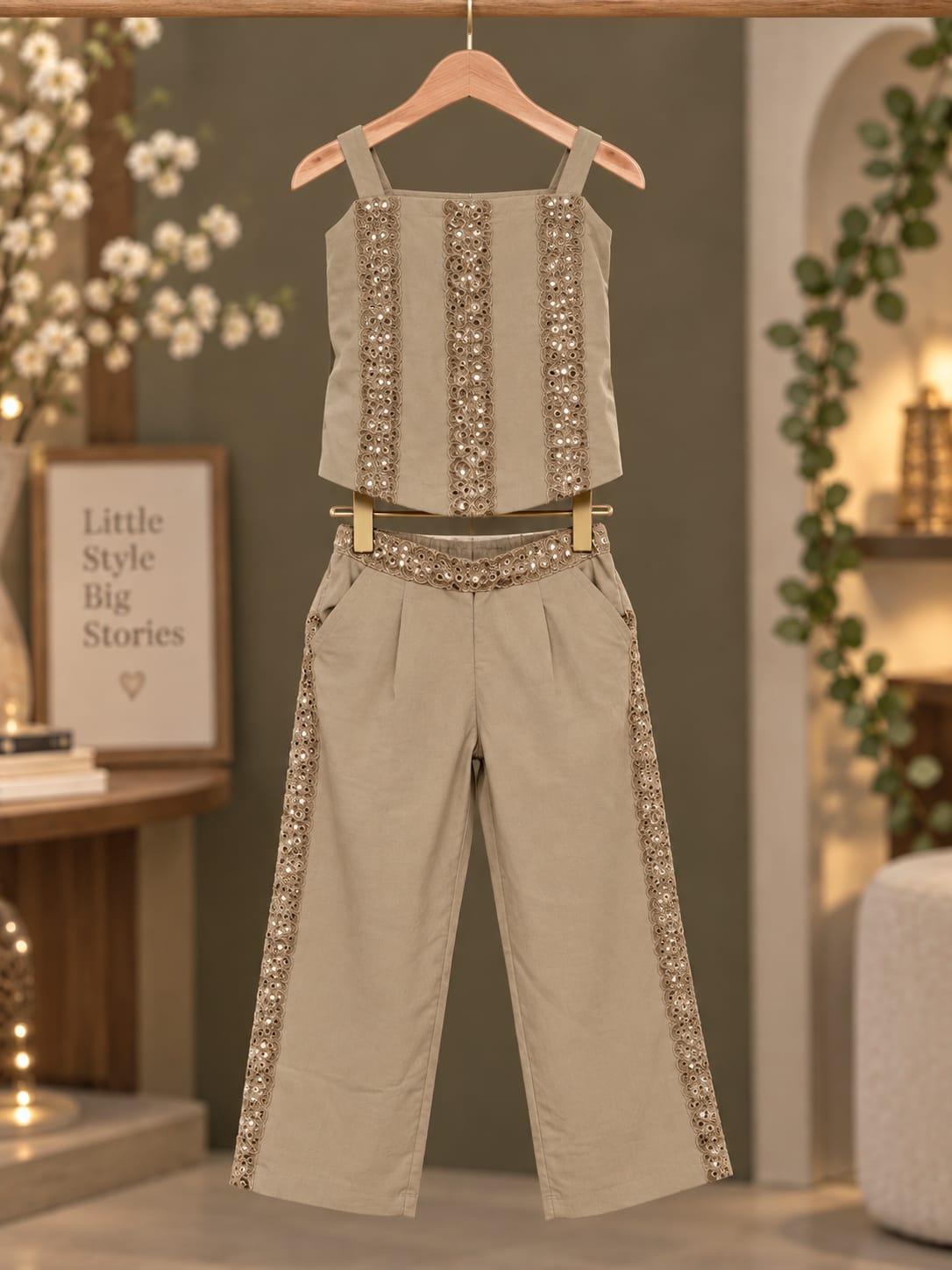 Girls Premium Embroidered Co-ord Set | Sleeveless Top & Wide Leg Pants | 1-5 Years