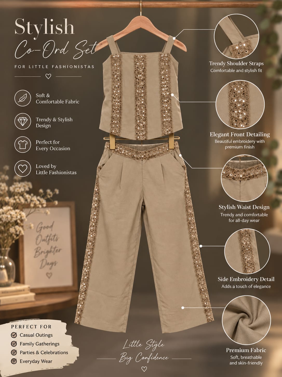 Girls Premium Embroidered Co-ord Set | Sleeveless Top & Wide Leg Pants | 1-5 Years