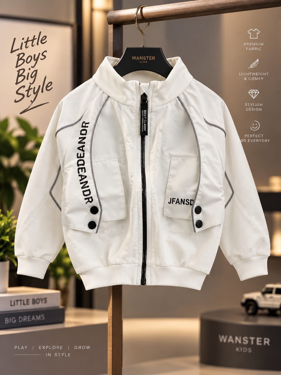 Boys Premium White Lightweight Jacket | Stylish Zip-Up Windcheater Jacket | Sizes 18–26