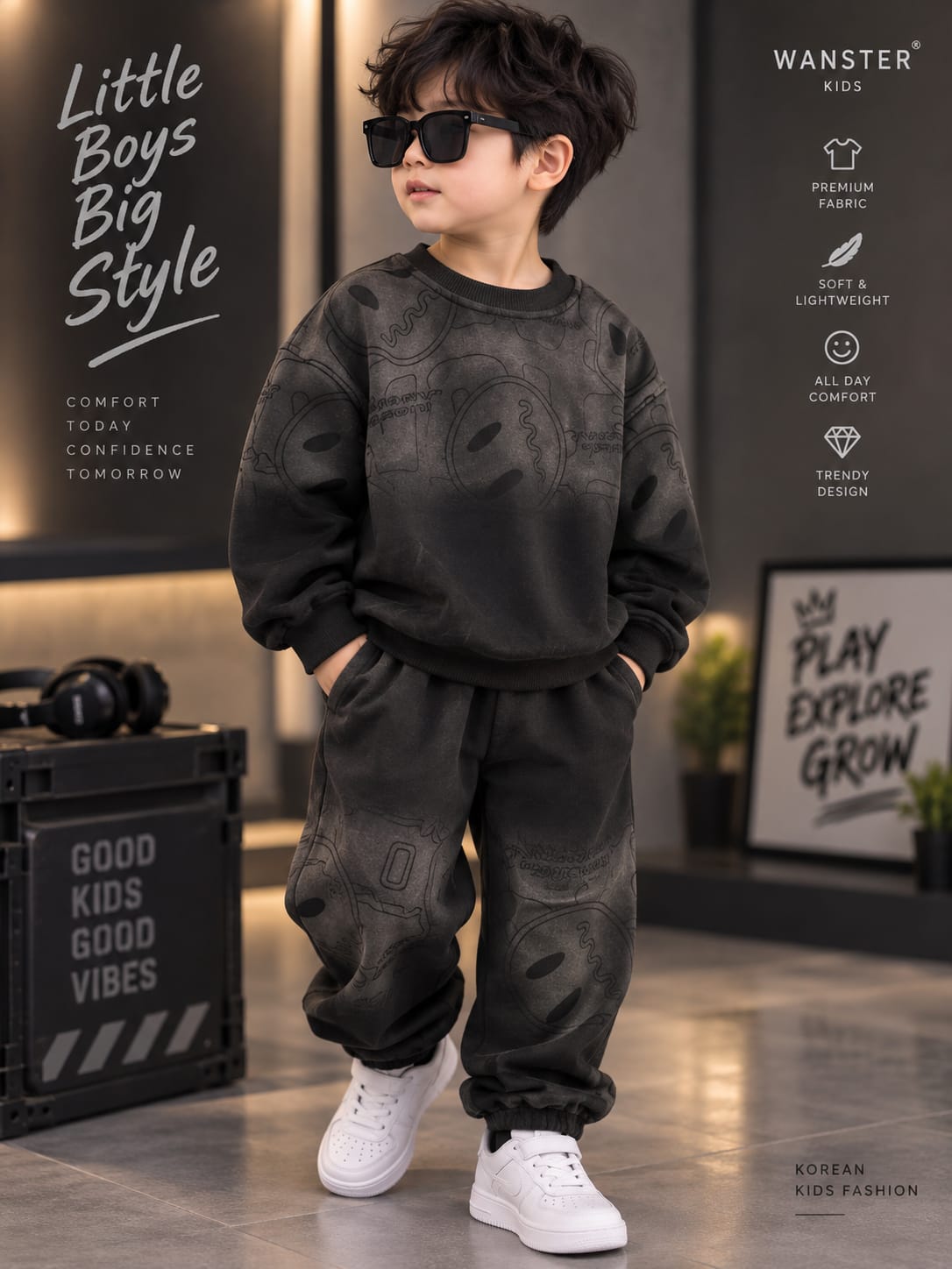 Boys Korean Style Printed Co-Ord Set | Premium Sweatshirt & Jogger Set | Sizes 18–26