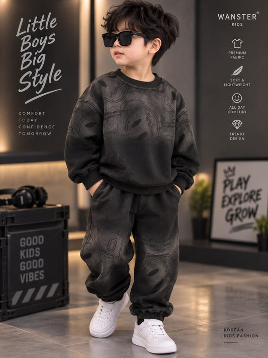 Boys Korean Style Printed Co-Ord Set | Premium Sweatshirt & Jogger Set | Sizes 18–26