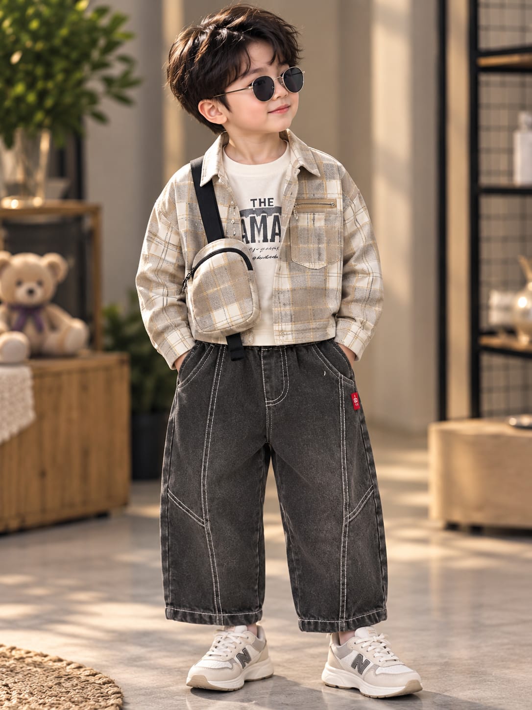 Boys Premium Korean Style Checkered Jacket & Baggy Jeans Set | Trendy Co-Ord Outfit | Sizes 18–26