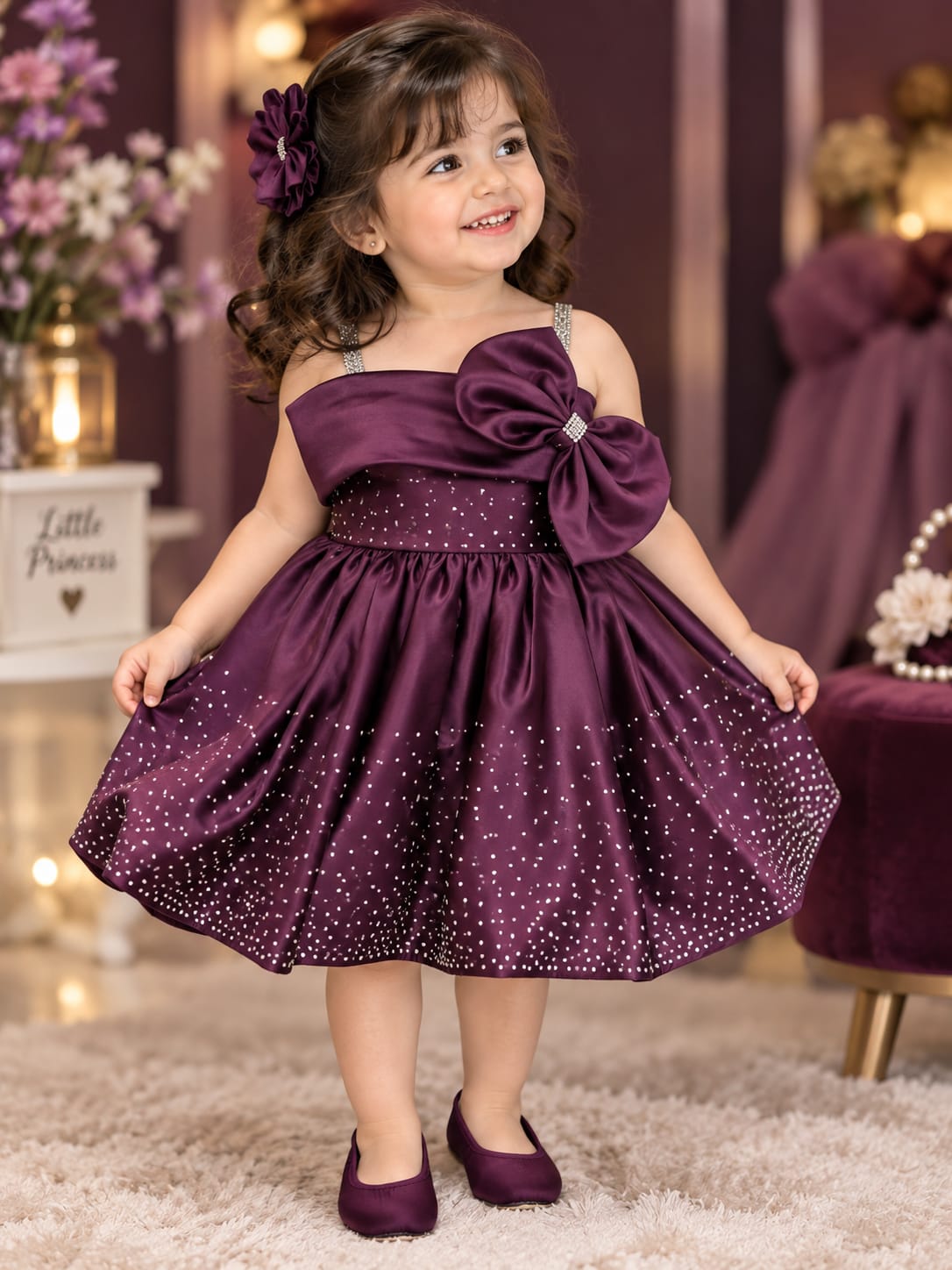 Girls Premium Purple Party Wear Frock | Satin Bow & Sequin Dress | Sizes 12–14