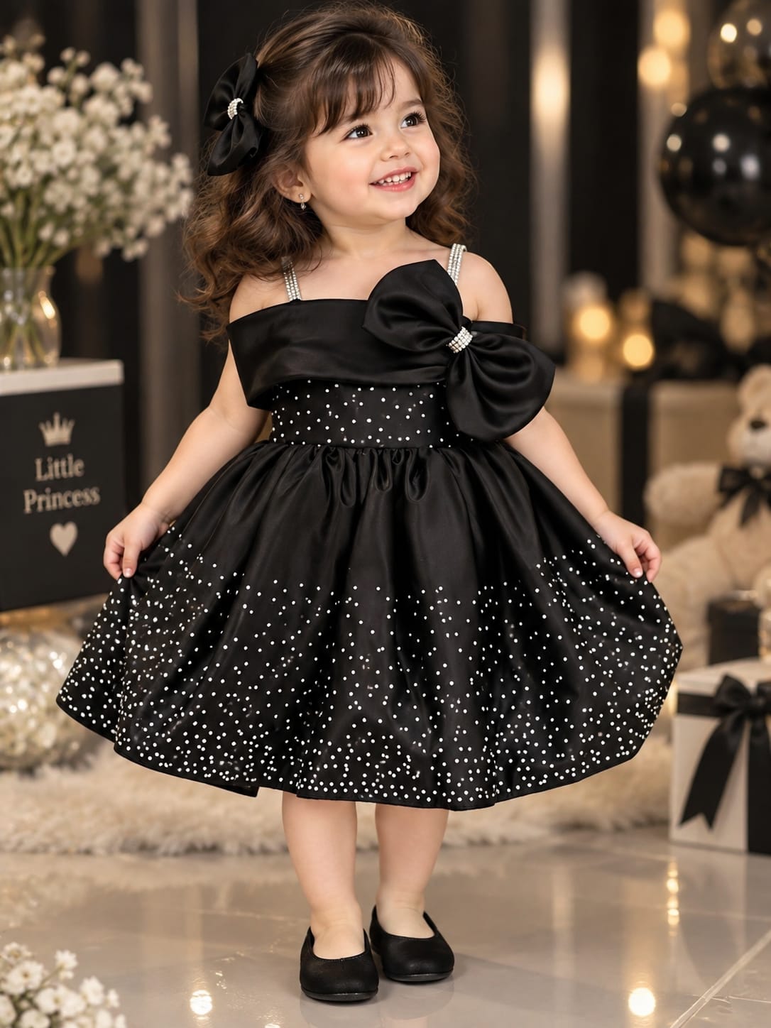 Girls Premium Black Party Wear Frock | Satin Bow & Sequin Dress | Sizes 12–14