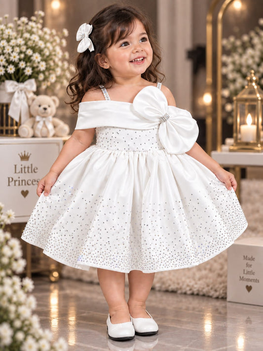 Girls Premium White Party Wear Frock | Satin Bow & Sparkle Detail Dress | Sizes 12–14