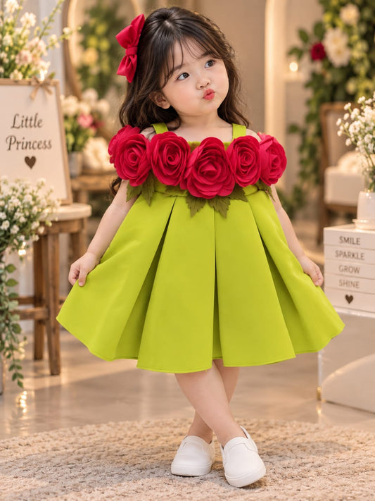 Girls Premium Lime Green Party Wear Frock | 3D Rose Flower Dress | Sizes 16–22