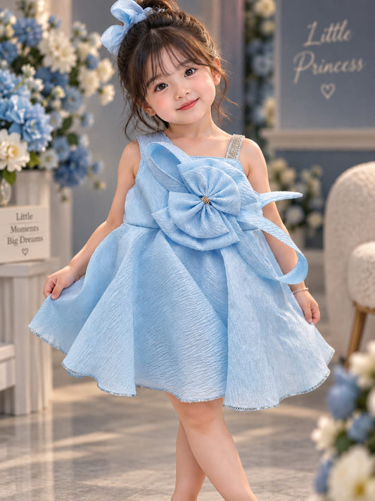 Girls Premium Sky Blue Party Wear Frock | Big Flower Bow Dress | Sizes 16–22