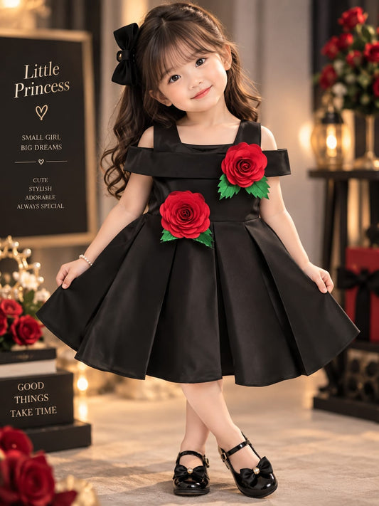 Girls Premium Black Party Wear Frock | Red Rose Floral Appliqué Dress | Sizes 16–22