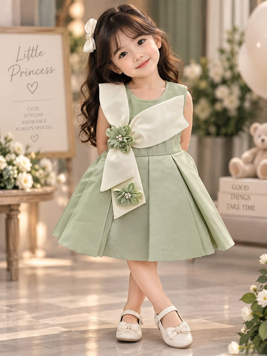 Girls Premium Green Party Wear Frock | Floral Bow Appliqué Princess Dress | Sizes 16–22