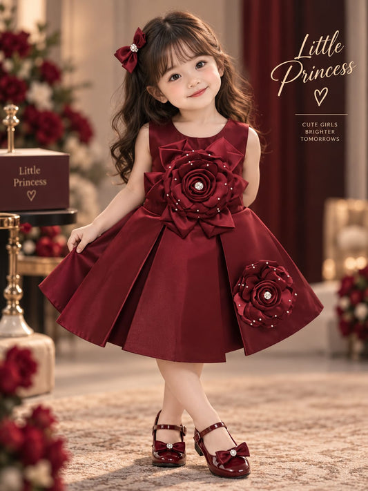 Girls Premium Maroon Party Wear Frock | 3D Floral & Pearl Work Princess Dress | Sizes 16–22