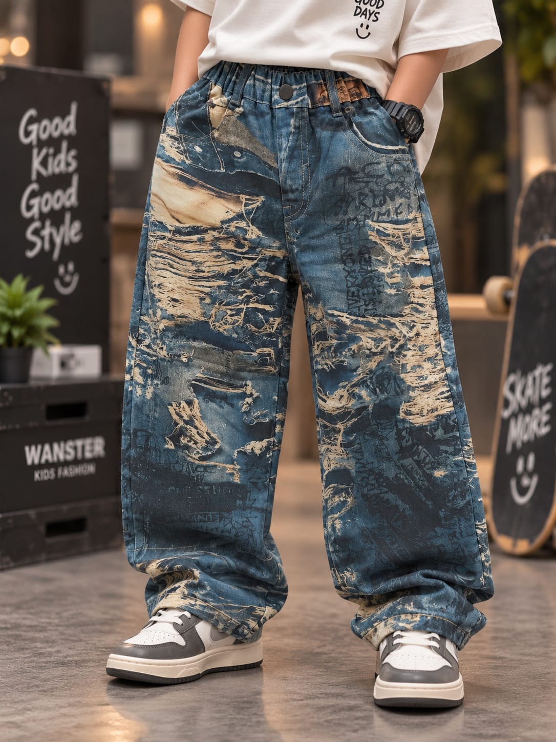 Boys Premium Baggy Denim Jeans | Blue Distressed Graphic Print Wide-Leg Jeans | Sizes 6–12 Years