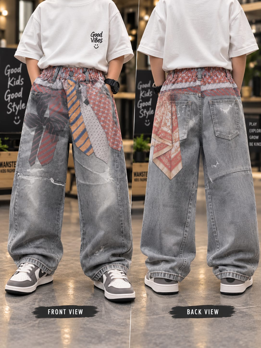 Boys Premium Grey Baggy Denim Jeans | Tie Print & Distressed Wash Design | Sizes 6–12 Years