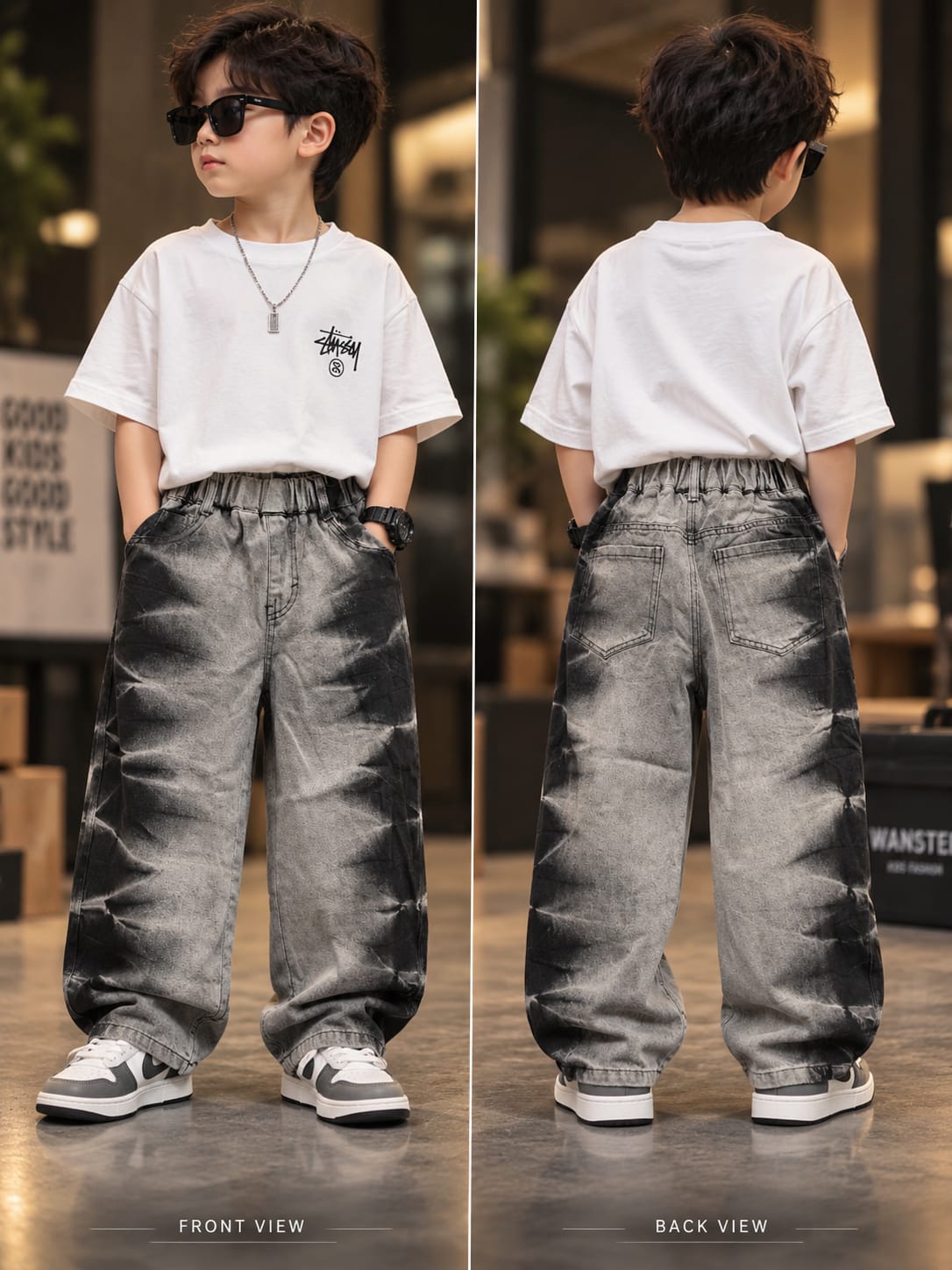 Boys Premium Black & Grey Baggy Denim Jeans | Stylish Washed Design | Sizes 6–12 Years