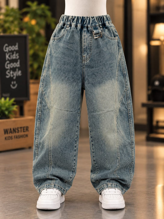 Boys Vintage Blue Baggy Denim Jeans | Korean Style Wide Leg Fit | Sizes 6–12 Years