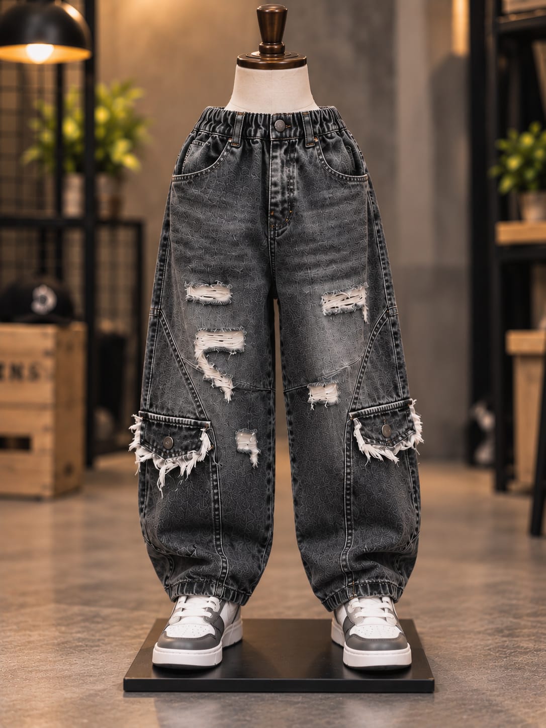 Boys Premium Black Baggy Cargo Denim Jeans | Distressed & Utility Pocket Style | Sizes 6–12 Years