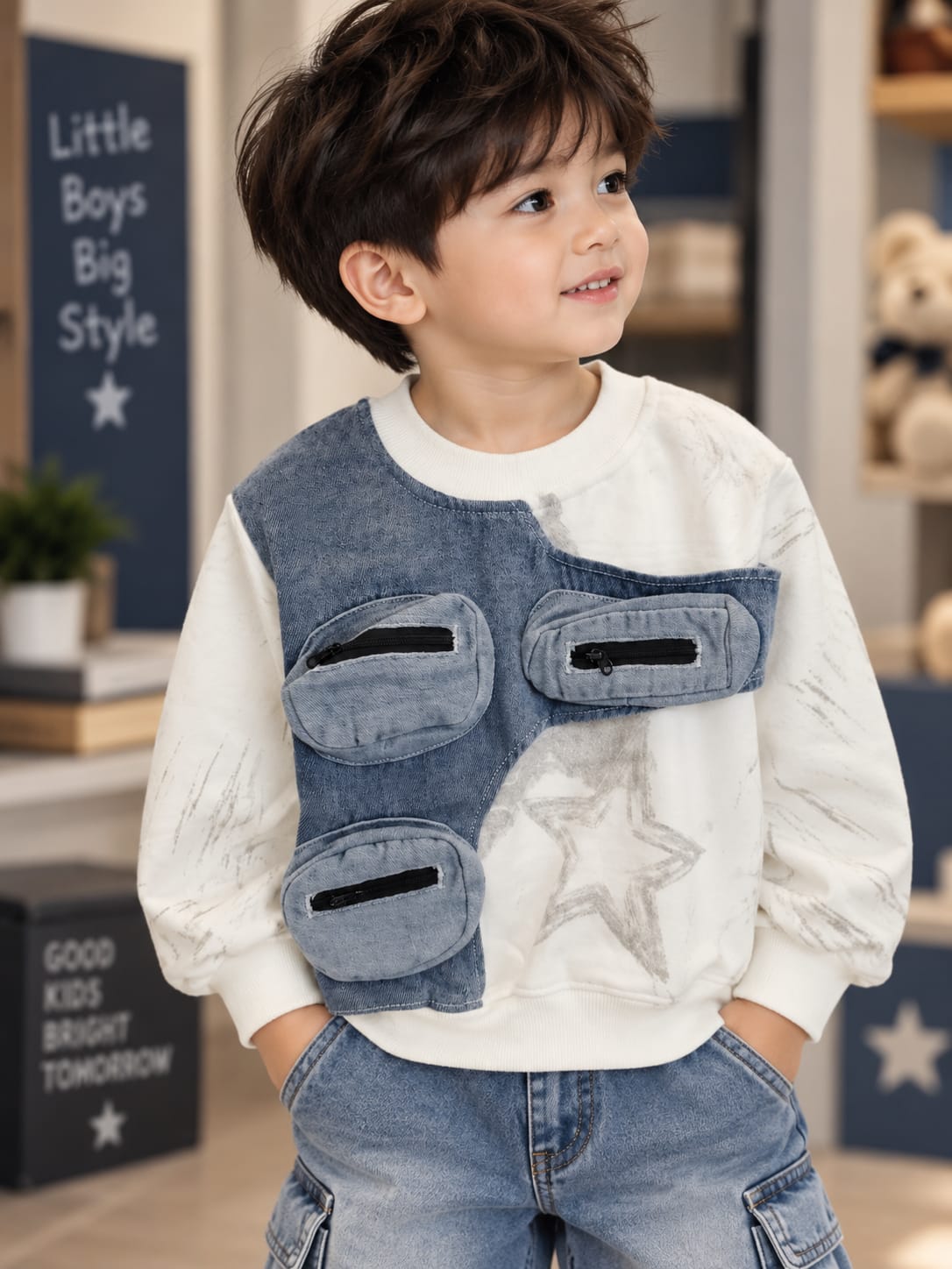 Boys Stylish Denim Pocket Sweatshirt | Trendy Casual Wear | Sizes 18–26