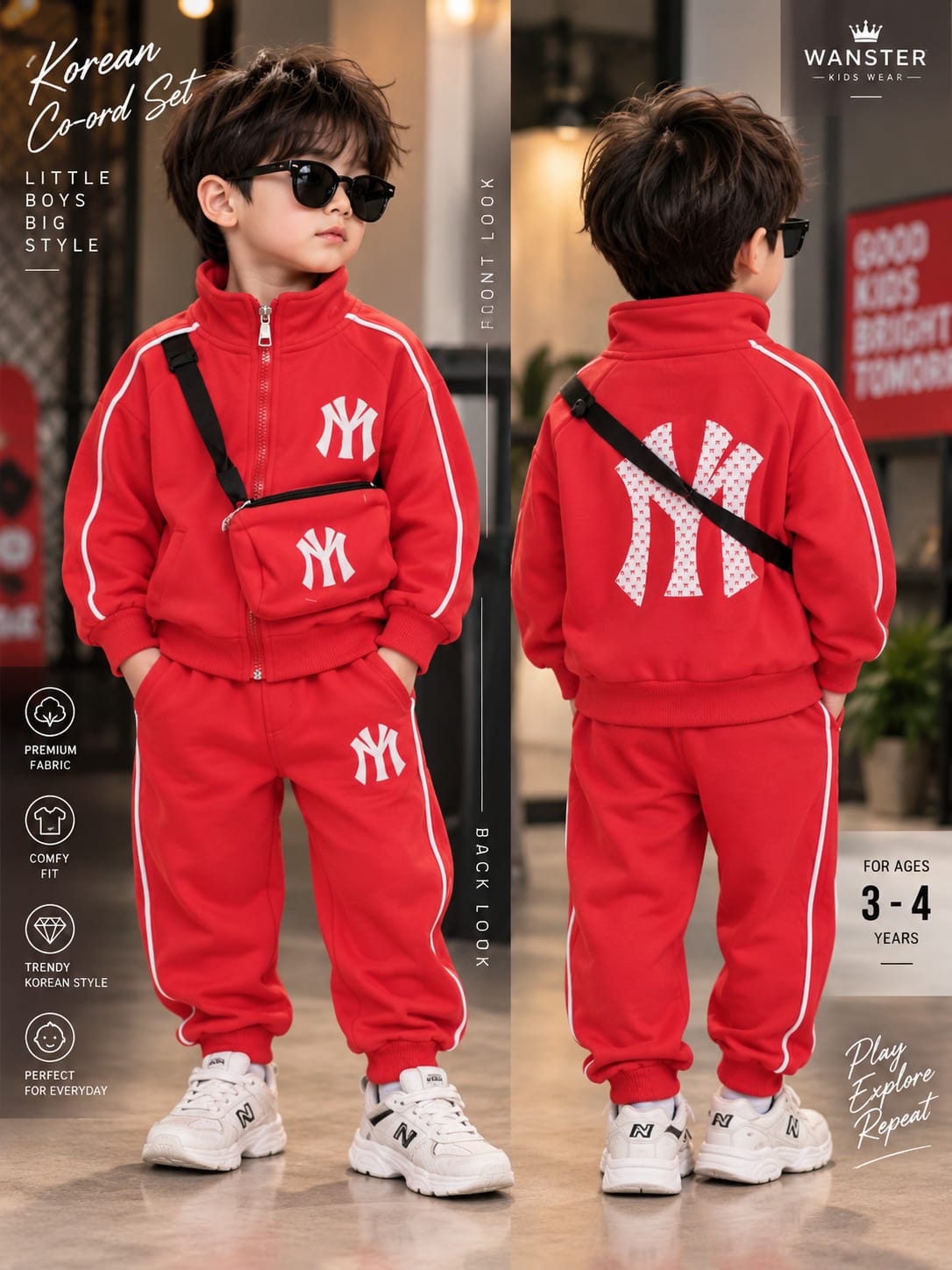 Boys Premium Red Tracksuit Set with Crossbody Bag | Stylish Casual Wear | Sizes 18–26
