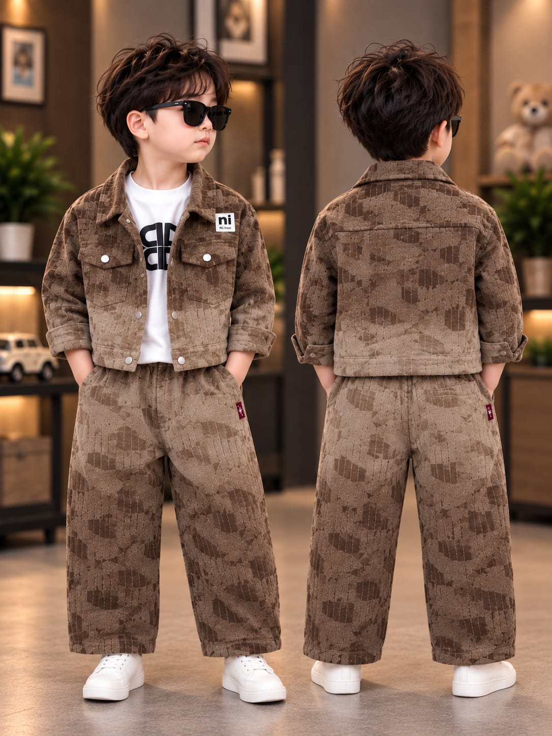 Boys Premium Brown Co-Ord Set with Jacket & Wide-Leg Pants | Stylish Casual Wear | Sizes 18–26