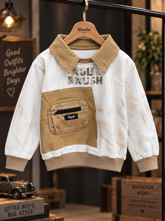 Boys Stylish Beige & White Pocket Sweatshirt | Trendy Casual Wear | Sizes 18–26