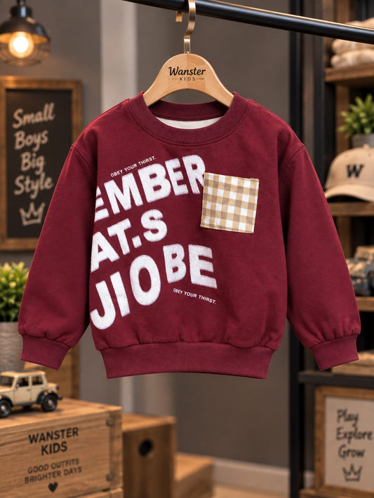 Boys Stylish Maroon Printed Sweatshirt with Checkered Pocket | Casual Kidswear | Sizes 6 Months–5 Years