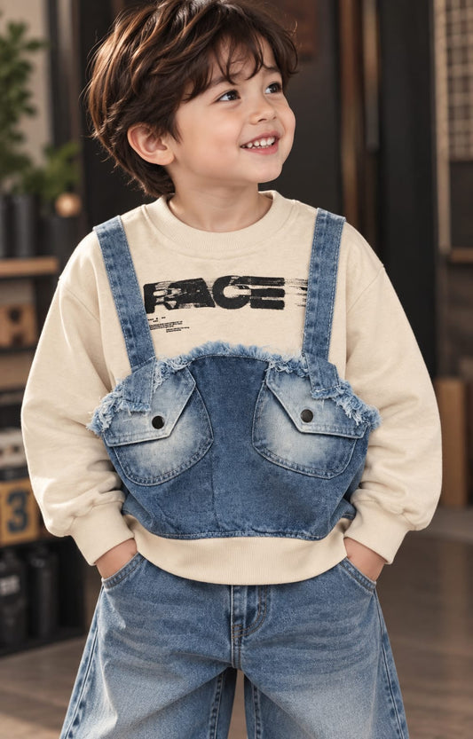 Boys Stylish Denim Dungaree Sweatshirt Set | Casual Korean Style | Sizes 18–26