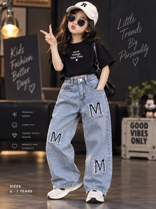 Girls Stylish Light Blue Baggy Fit Denim Jeans with Letter M Patches | Trendy Casual Kids Jeans | Sizes 24–36