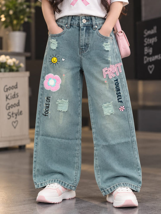 Girls Stylish Light Blue Vintage Wide Leg Denim Jeans with Cute Patches & Graphic Details | Trendy Kids Jeans | Sizes 24–36