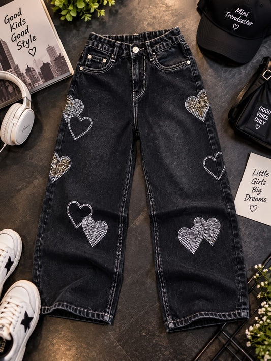 Girls Stylish Black Wide Leg Denim Jeans with Heart Embellishments | Trendy Kids Jeans | Sizes 24–36