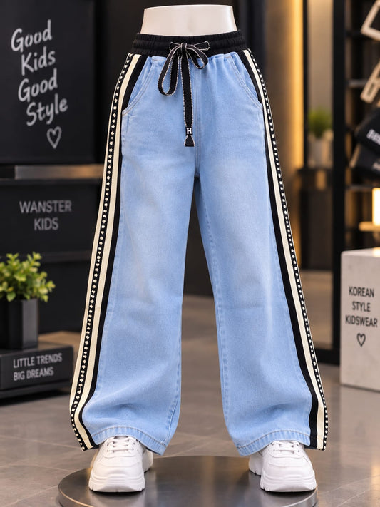 Girls Korean Style Light Blue Wide Leg Jeans with Contrast Side Stripes | Trendy Kids Denim | Sizes 20–30