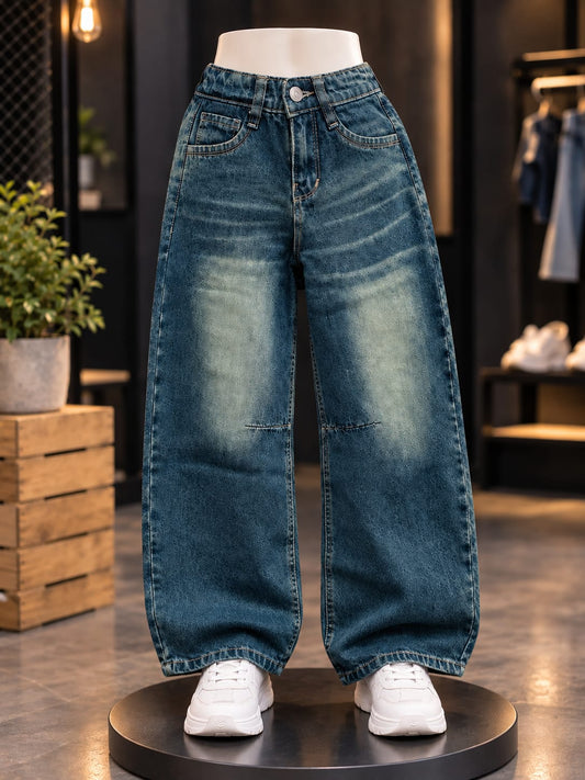 Girls Vintage Dark Blue Wide Leg Denim Jeans | Trendy Washed Relaxed Fit | Sizes 24–34