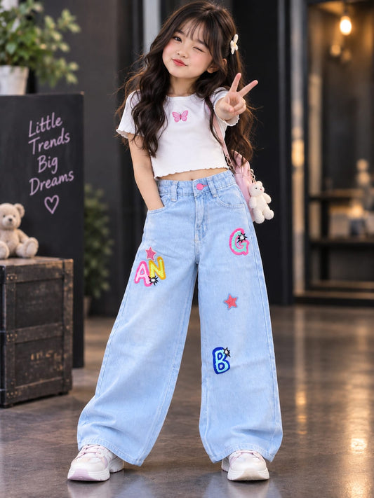 Girls Light Blue Wide Leg Denim Jeans | Colorful Letter & Star Patch Design | Sizes 18–24