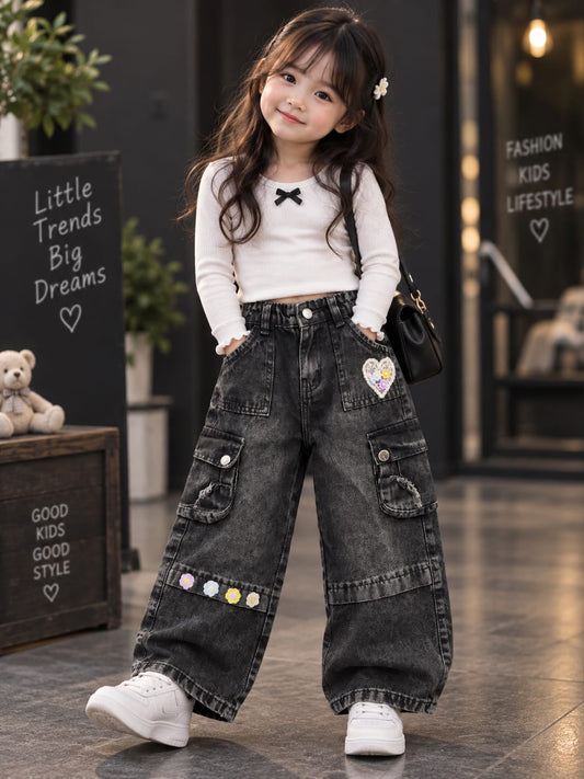 Girls Black Cargo Denim Jeans | Floral Pocket & Patchwork Detail | Wide Leg Fit | Sizes 18–24