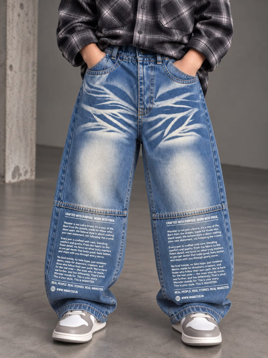 WANSTER Boys Baggy Fit Denim Jeans | Graphic Printed Wide Leg Jeans | Sizes 22–36