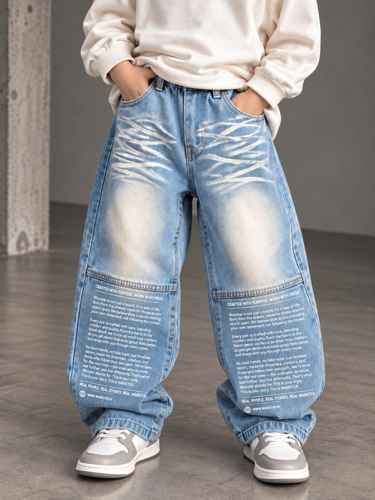 WANSTER Boys Baggy Fit Denim Jeans | Light Blue Printed Wide Leg Jeans | Sizes 22–36