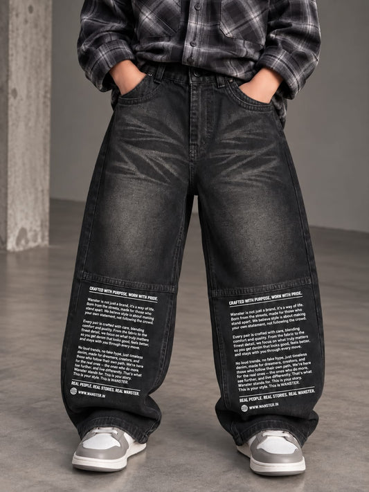 WANSTER Boys Black Baggy Fit Denim Jeans | Graphic Printed Wide Leg Jeans | Sizes 22–36