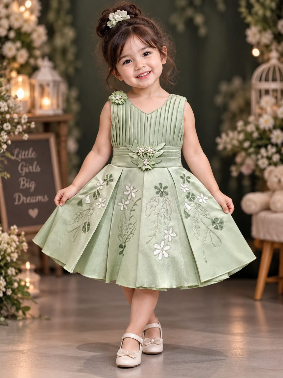 Girls Premium Floral Embroidered Party Dress with 3D Flower Waist Design, Elegant Pleated Bodice & Princess Flare | 6M-4Y