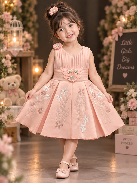 Girls Premium Floral Embroidered Party Dress with 3D Flower Waist Design & Elegant Pleated Bodice | 6M-4Y