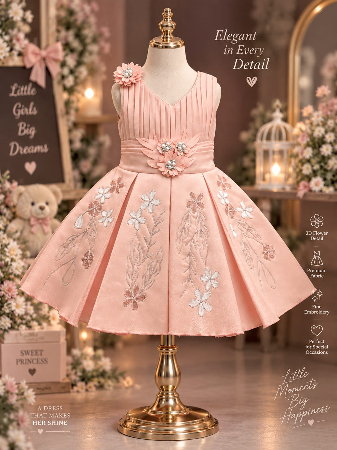 Girls Premium Floral Embroidered Party Dress with 3D Flower Waist Design & Elegant Pleated Bodice | 6M-4Y