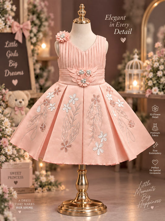 Girls Premium Floral Embroidered Party Dress with 3D Flower Waist Design & Elegant Pleated Bodice | 6M-4Y