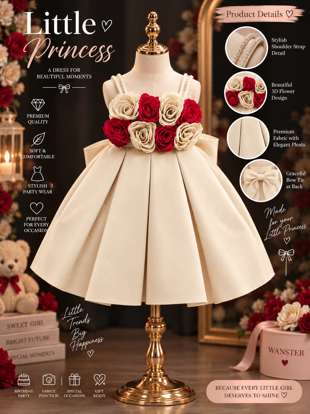 Girls Floral Party Frock | Premium Rose Applique Princess Dress | Sizes 16–22
