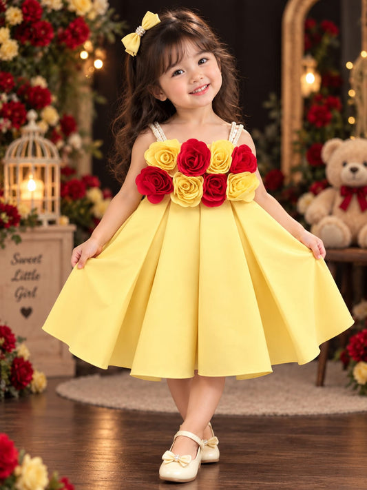 Girls Premium 3D Rose Applique Party Dress with Pearl Straps & Flared Princess Silhouette | 6M-4Y