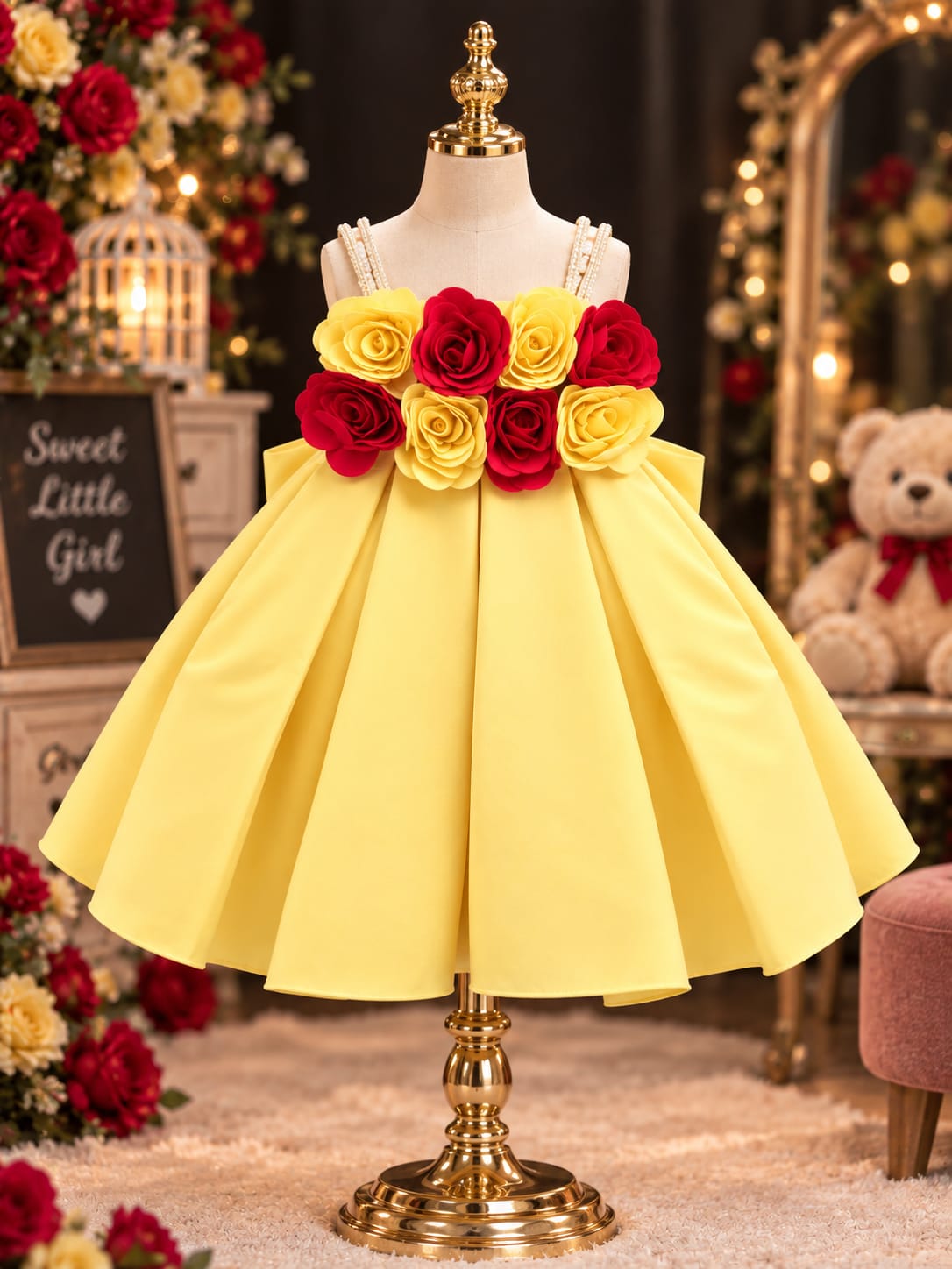 Girls Premium 3D Rose Applique Party Dress with Pearl Straps & Flared Princess Silhouette | 6M-4Y