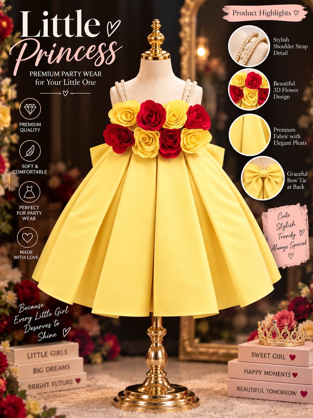 Girls Premium 3D Rose Applique Party Dress with Pearl Straps & Flared Princess Silhouette | 6M-4Y