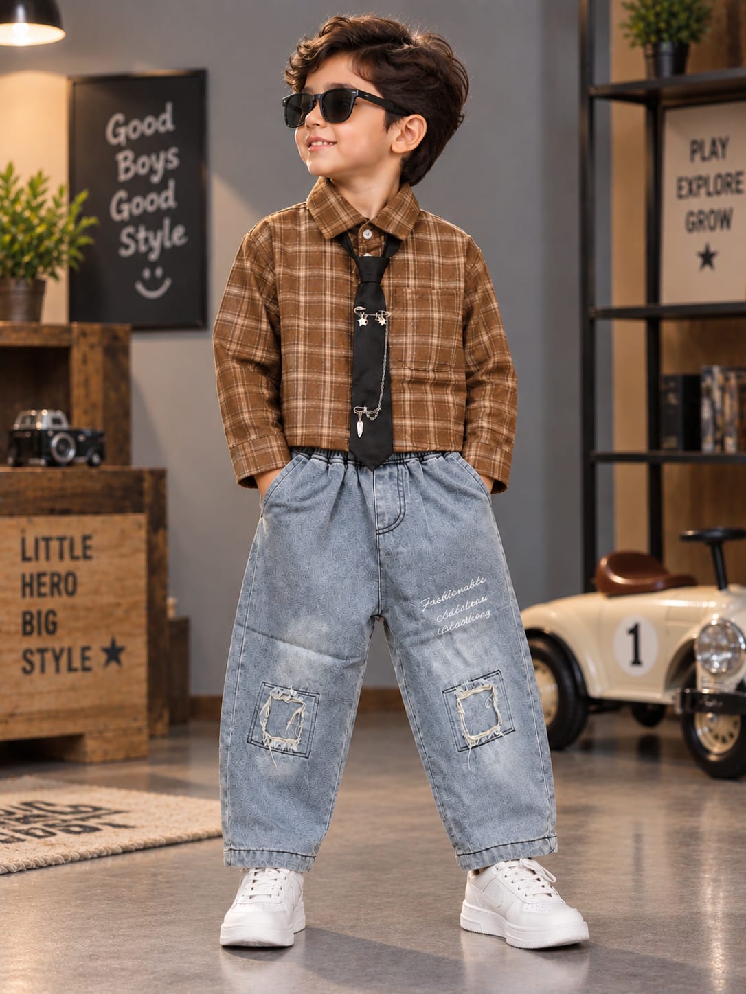 Boys 3-Piece Smart Casual Outfit Set | Check Shirt, Tie & Denim Jogger Pants | 1-6 Years