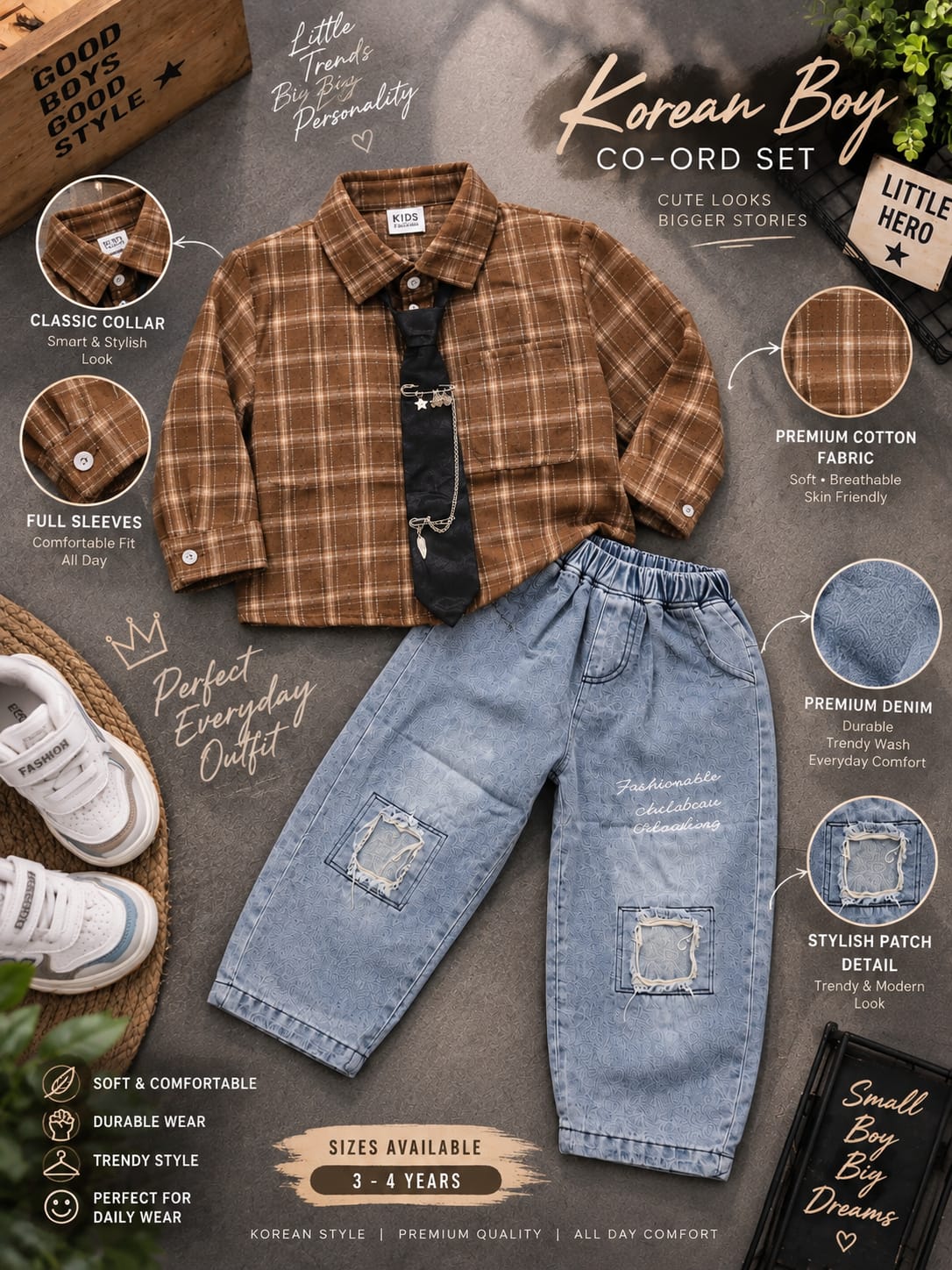 Boys 3-Piece Smart Casual Outfit Set | Check Shirt, Tie & Denim Jogger Pants | 1-6 Years