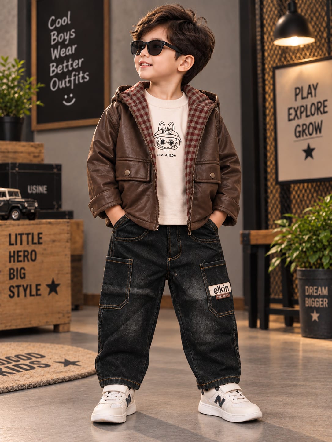 Boys Premium Winter Leather Jacket 3-Piece Outfit Set | Jacket + T-Shirt + Denim Cargo Pant | 2-7 Years