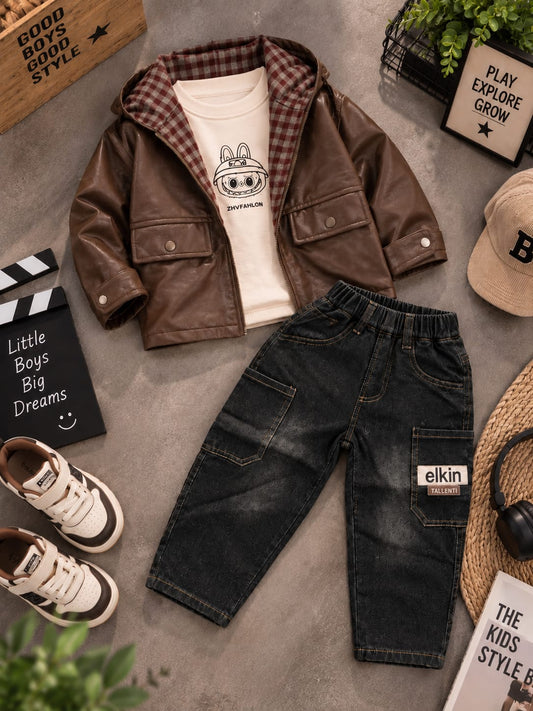 Boys Premium Winter Leather Jacket 3-Piece Outfit Set | Jacket + T-Shirt + Denim Cargo Pant | 2-7 Years