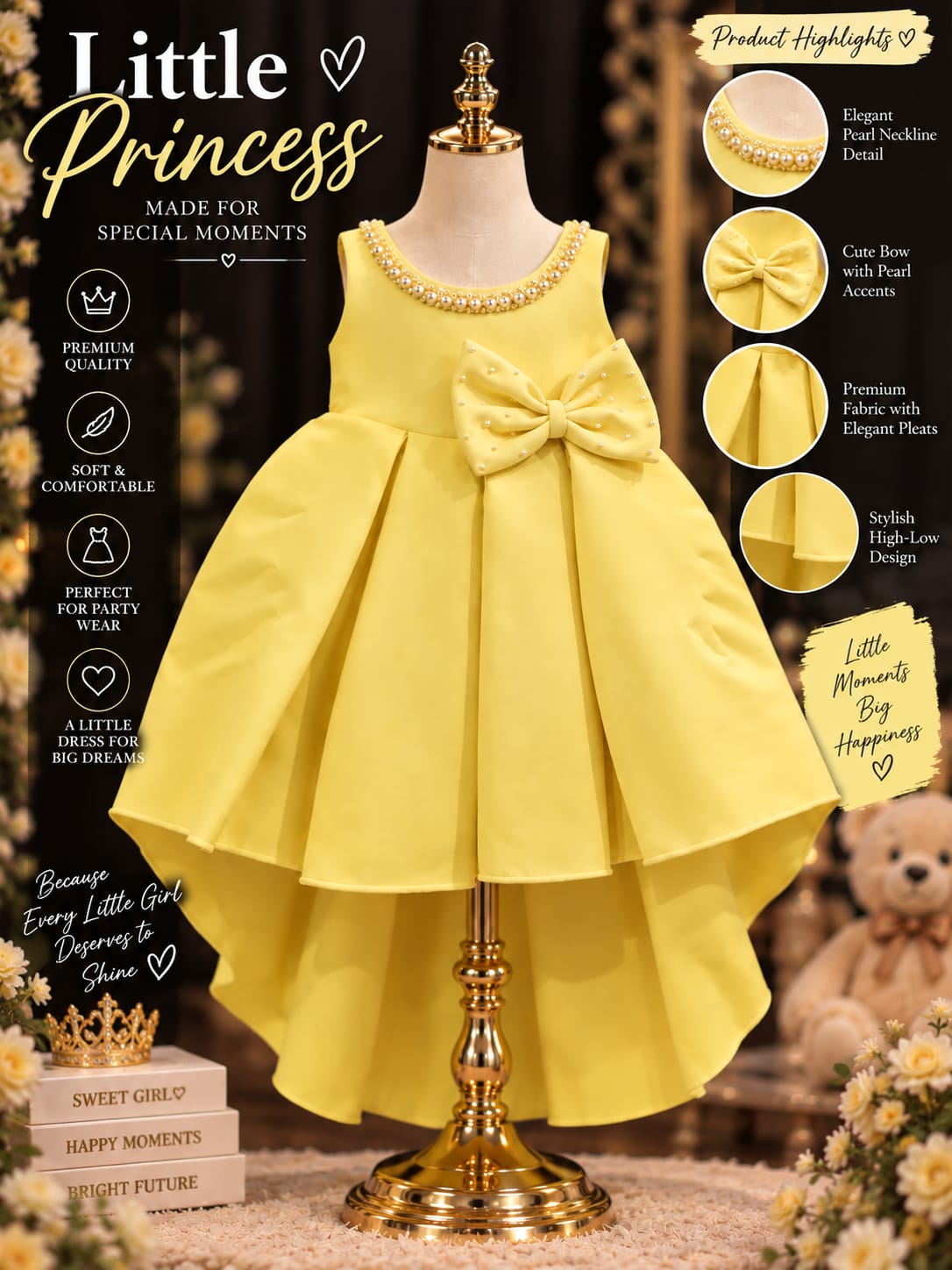 Girls Princess High-Low Party Dress | Premium Yellow Occasion Wear Dress | 1-4 Years