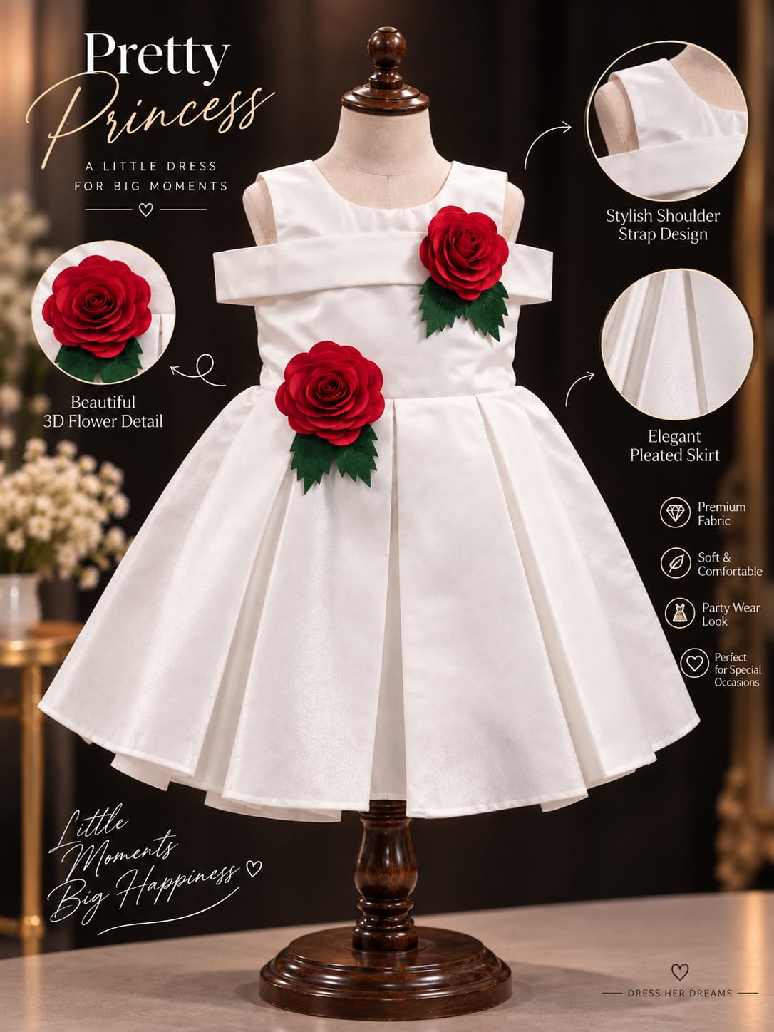 Girls Elegant White Party Dress with 3D Rose Appliqué | Princess Occasion Dress | 1-4 Years  Description
