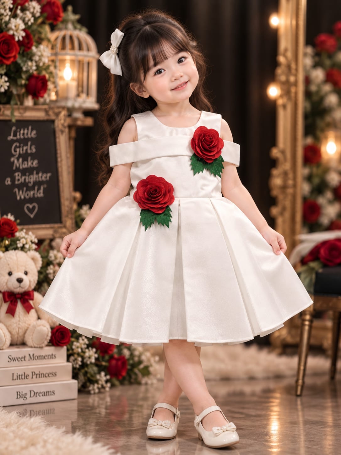 Girls Elegant White Party Dress with 3D Rose Appliqué | Princess Occasion Dress | 1-4 Years  Description
